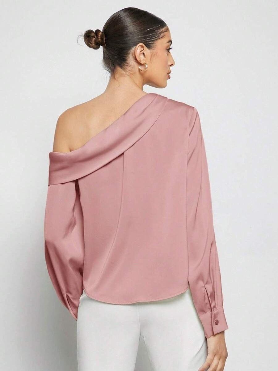 Foreign trade cross-border pleated satin shirt top spring and summer European and American Amazon off-shoulder asymmetrical long-sleeved shirt women's clothing