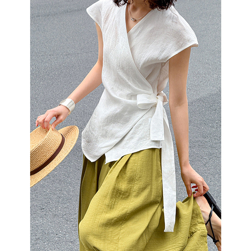 Juzhi Summer New Fashionable Casual Ramie Shirt Women's Irregular Vest Versatile Top 8011-1