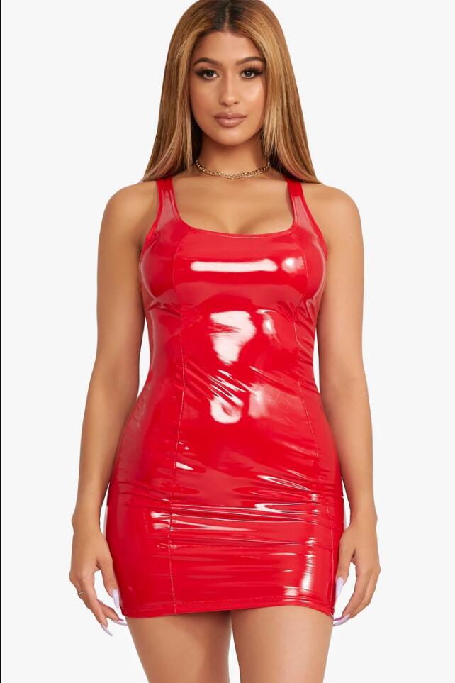 2022 color imitation leather dress zipper PU high elastic round neck one-piece short skirt four-sided elastic leather skirt package hip skirt