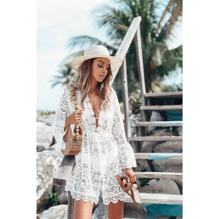 Cross-border 2022 summer hot style bikini cover-up European and American sexy V-neck sunscreen shirt Amazon lace beach skirt