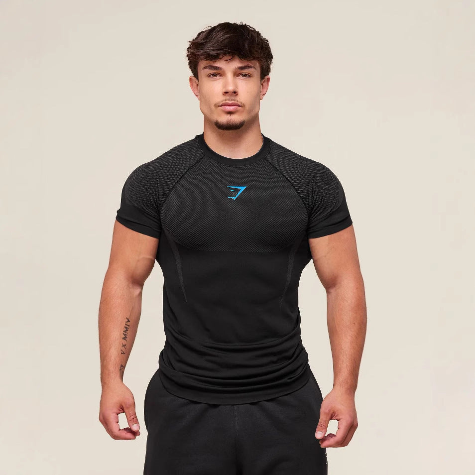 GYMSHARK Men's Fitness Top, Casual Running, Quick-Drying, Breathable, Tight-Fitting Short-Sleeve T-Shirt, Men's Muscle Shark