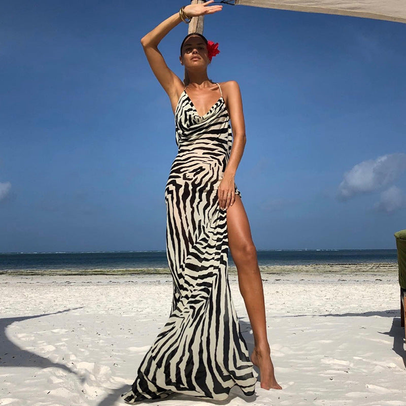 European and American style 2022 new summer fashion print sexy exposed slit suspender dress long skirt women's foreign trade wholesale