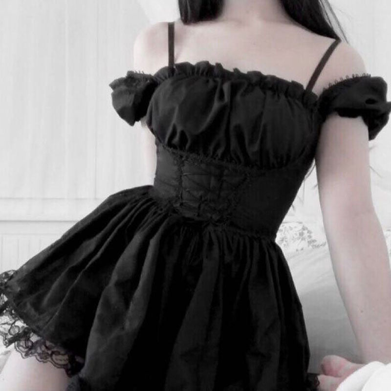CC21011 one-shoulder lace stitching dress European and American dark style temperament waist slimming fluffy short skirt female