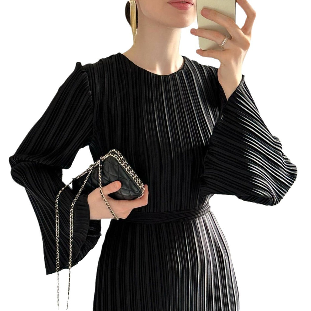 Amazon European and American clothing 2023 new autumn long skirt temperament pleated bell sleeve mid-length dress
