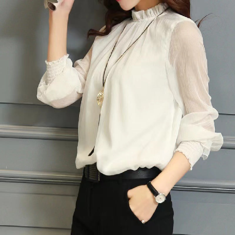 Chiffon shirt women's spring and autumn 2023 new design niche trendy black long-sleeved lace V-neck top women
