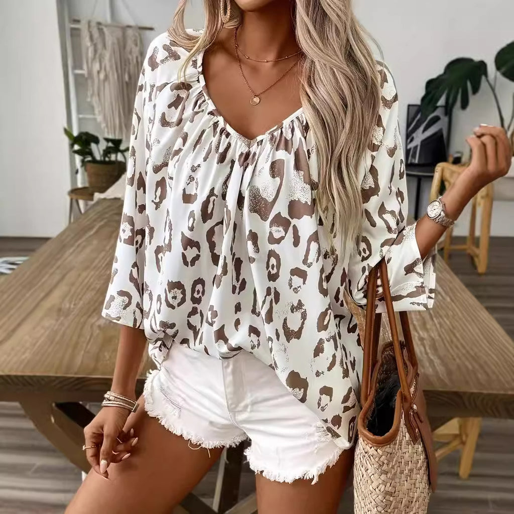 2024 European and American cross-border spring and summer women's clothing temperament commuter tops khaki leopard print large V-neck pleated three-quarter sleeve shirt