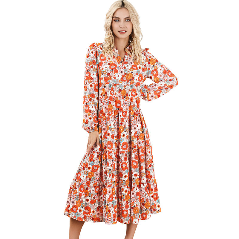 European and American thin bohemian style printed long skirt for women autumn new ruffled dress for women factory direct supply