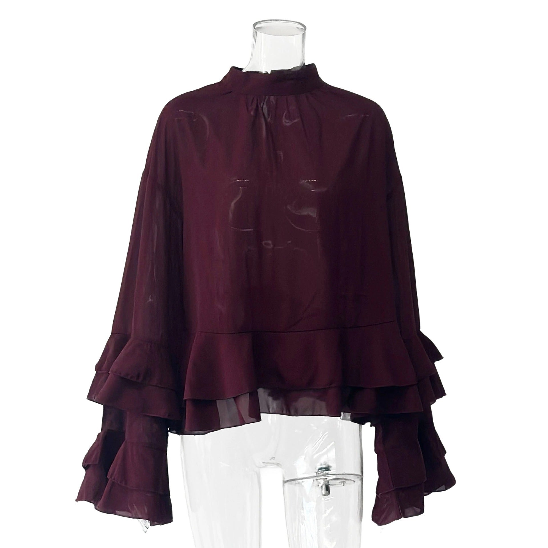 Cross-border European and American style 2025 autumn new women's clothing solid color chiffon top with ruffled long sleeve layered casual shirt