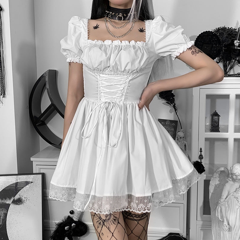 CC21011 one-shoulder lace stitching dress European and American dark style temperament waist slimming fluffy short skirt female