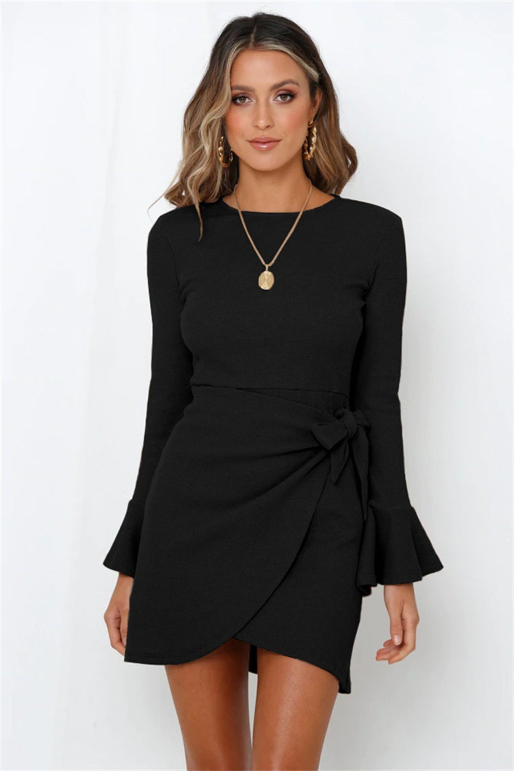 Factory direct sales Europe and the United States fashion autumn clothes small trumpet ruffles long-sleeved slim bow temperament high-end dress