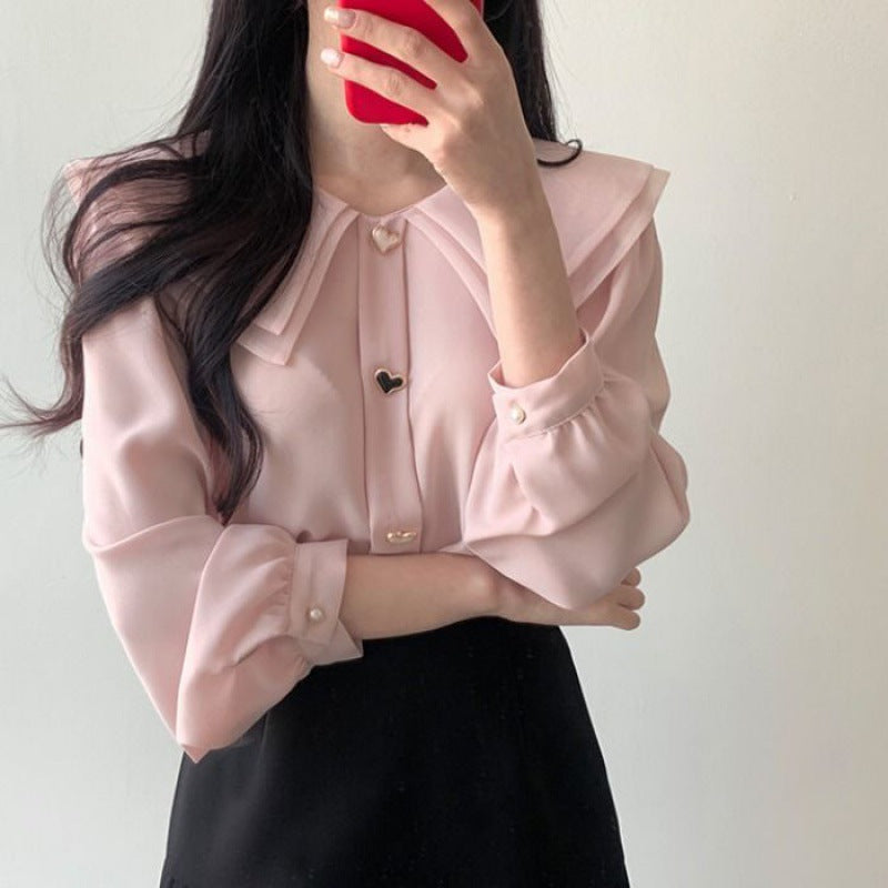 Chiffon shirt suit female spring and autumn temperament two-piece design double-layer doll collar top half-length pleated skirt