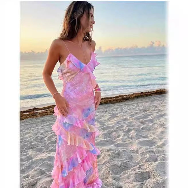 European and American style ins foreign trade women's fashion printing sexy sling backless lace irregular dress trendy Dress