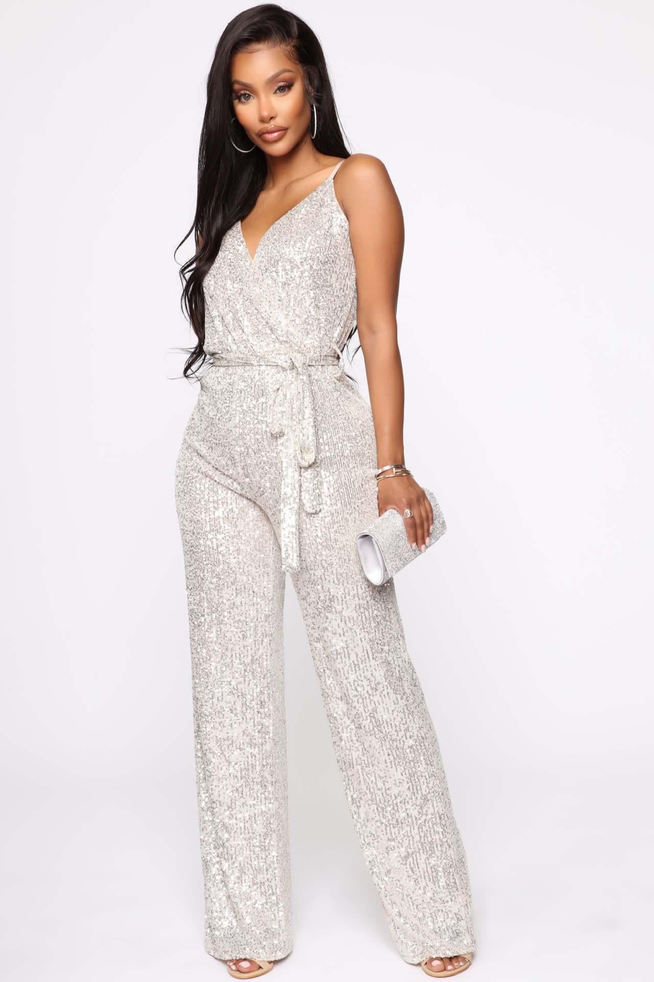 European and American Spring Explosion Amazon Sleeveless Backless Solid Color Sequins Slim Slim Fashion Sling Jumpsuit