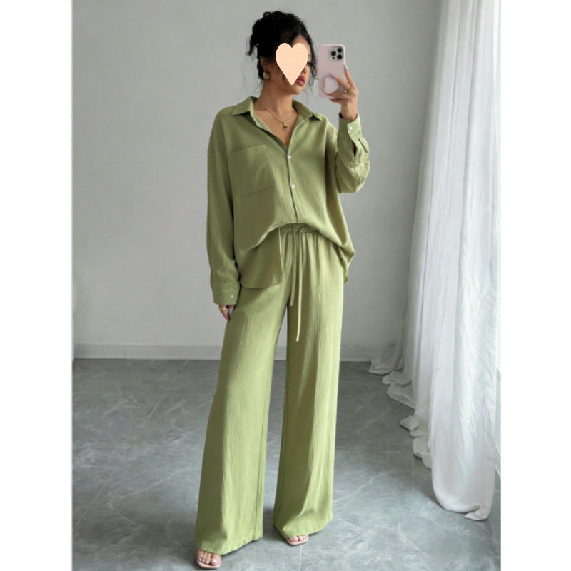 European and American cross-border spring new style elegant fashion women's two-piece set plus size faux linen shirt set high waist loose trousers