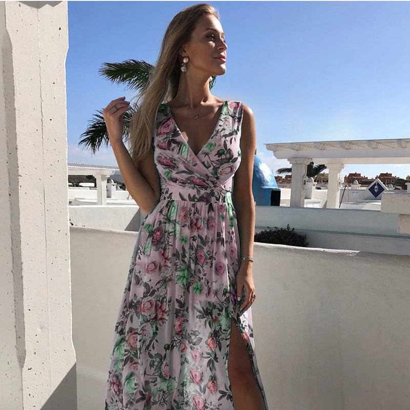 2021 cross-border new spring and summer floral beach printed chiffon sleeveless split V-neck dress
