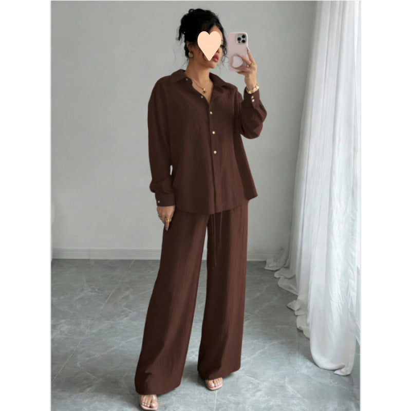 European and American cross-border spring new style elegant fashion women's two-piece set plus size faux linen shirt set high waist loose trousers