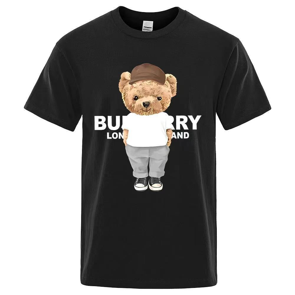Factory direct stock of trendy new men's T-shirts with bear print, loose fit, crew neck, and sporty design.