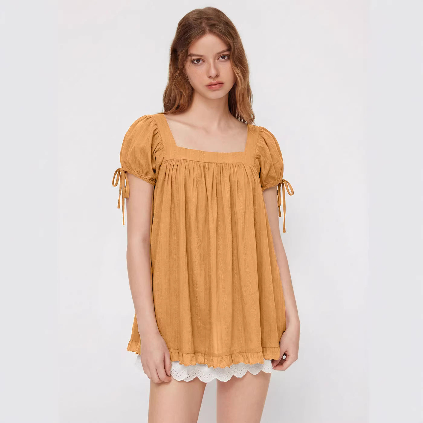 2026 New Cross-Border European and American Amazon Independent Store Women's Casual Square Neck Ruffle Tie Short Sleeve Shirt