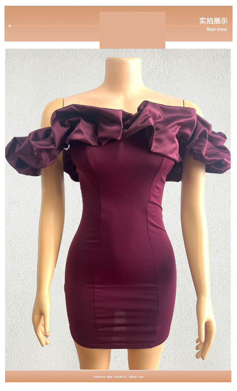 Amazon European and American fashion niche light luxury dress ruffled pleated temperament one-shoulder tube top hip dress