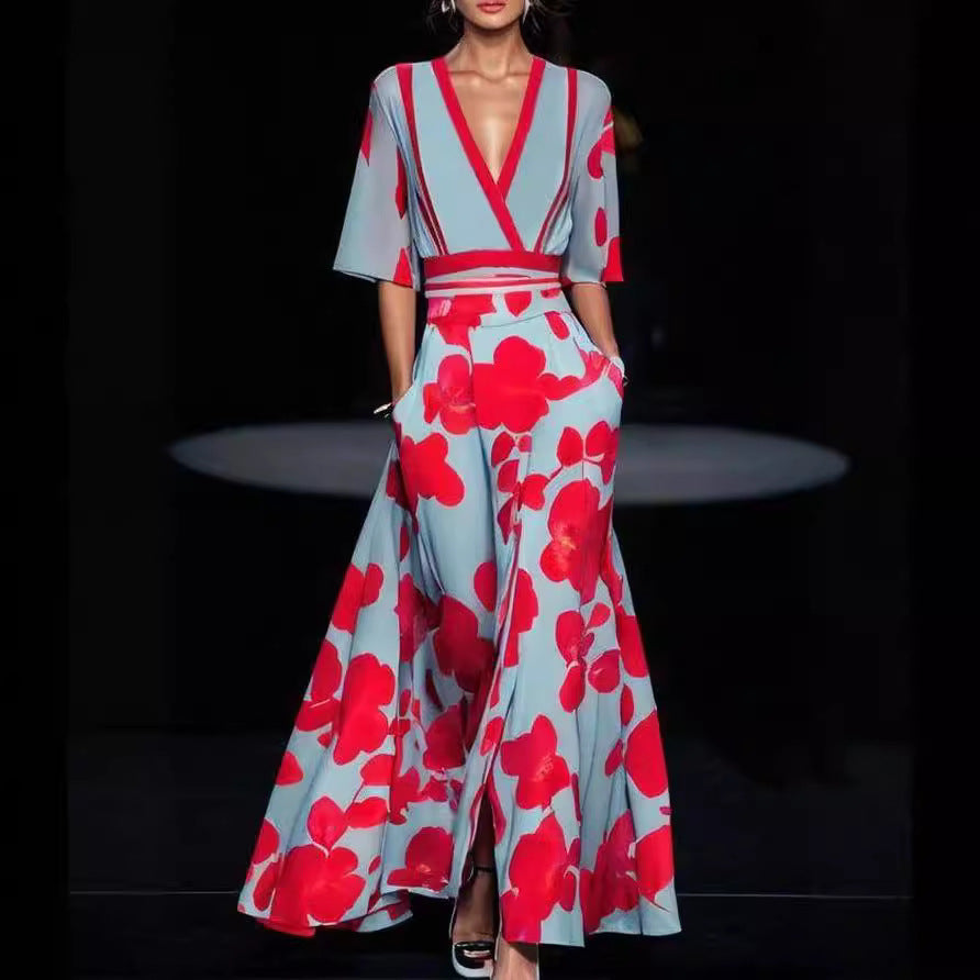 2024 European and American cross-border Amazon women's clothing new printed pleated belt temperament commuter dress