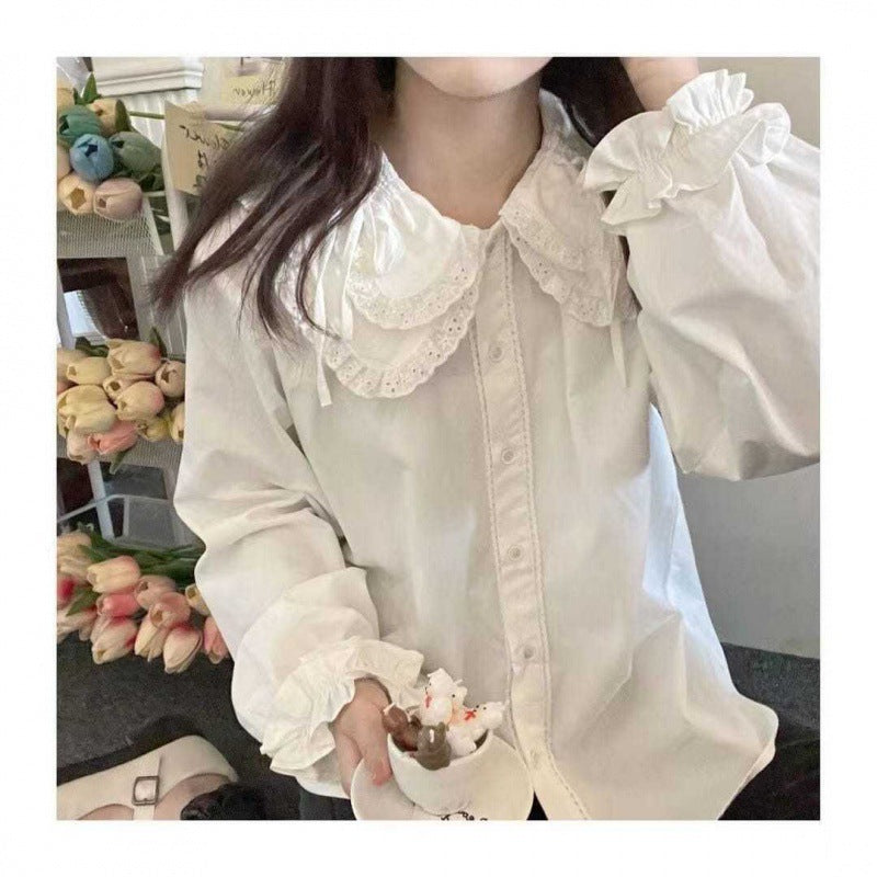 Inner shirt, autumn Japanese style soft girl cute lace doll collar lace-up long-sleeved top as base layer