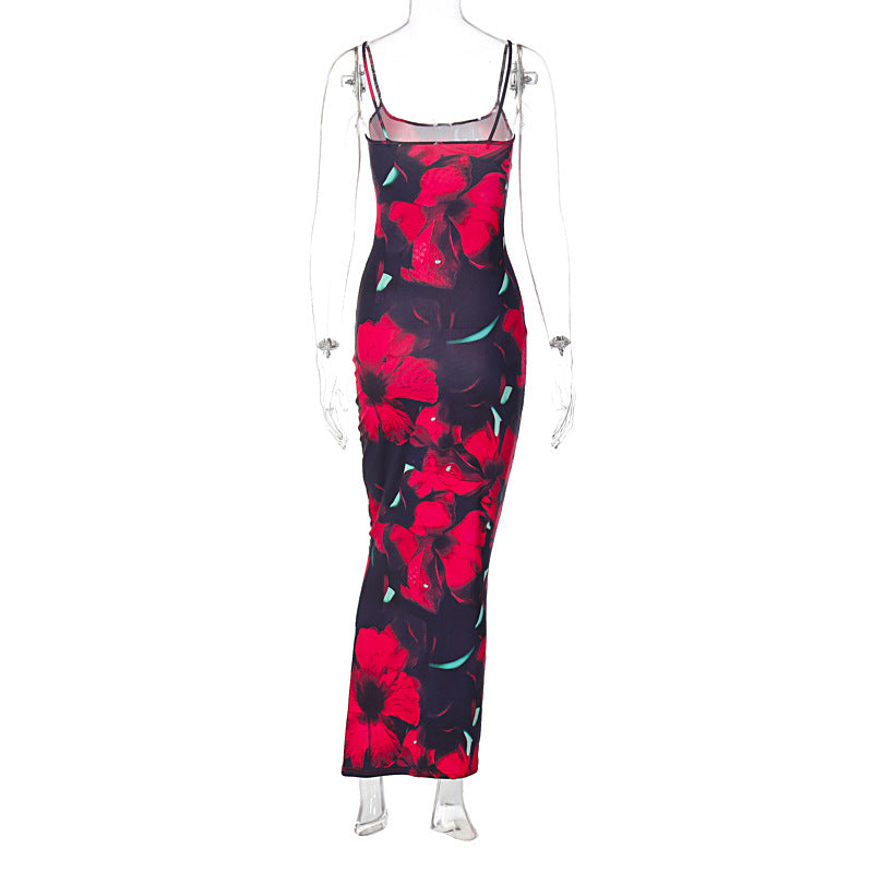 European and American style AliExpress hot selling new fashion printing U-neck suspenders slim sexy style women's dress wholesale