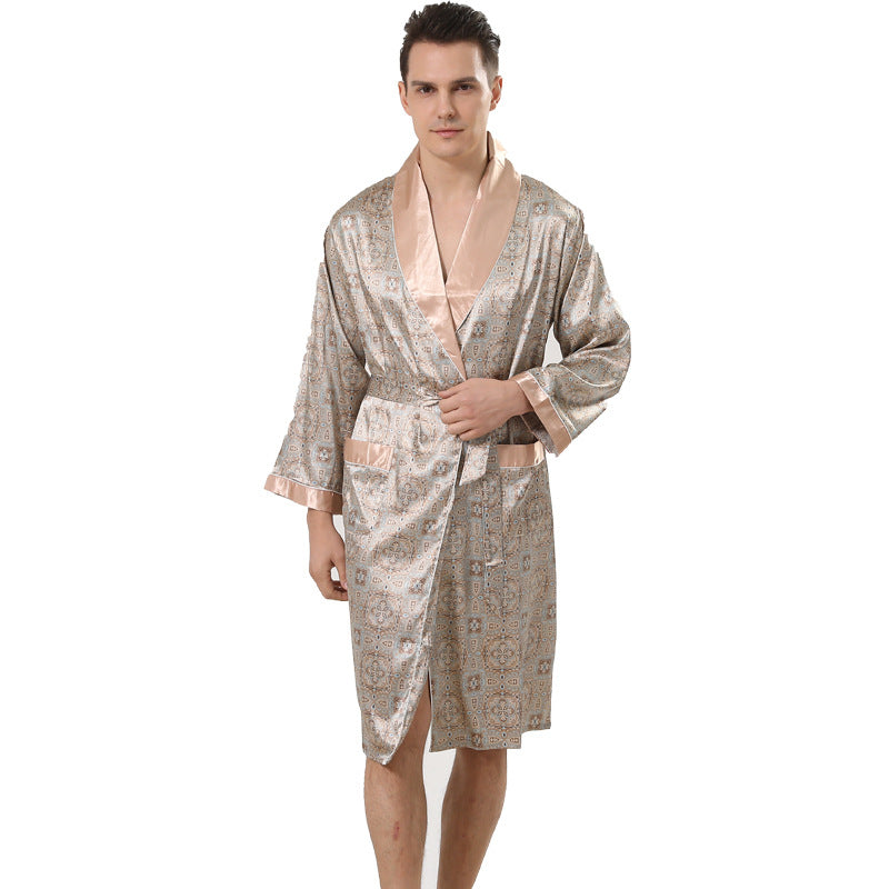 Cross-border men's one-piece artificial silk nightgown Spring and summer thin long-sleeved bathrobe Men's striped bathrobe 88013