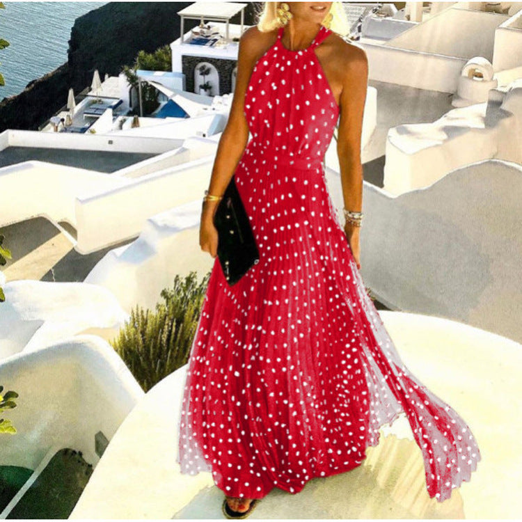 2021 European and American foreign trade new style round neck sleeveless printed pleated dress women's dress long skirt