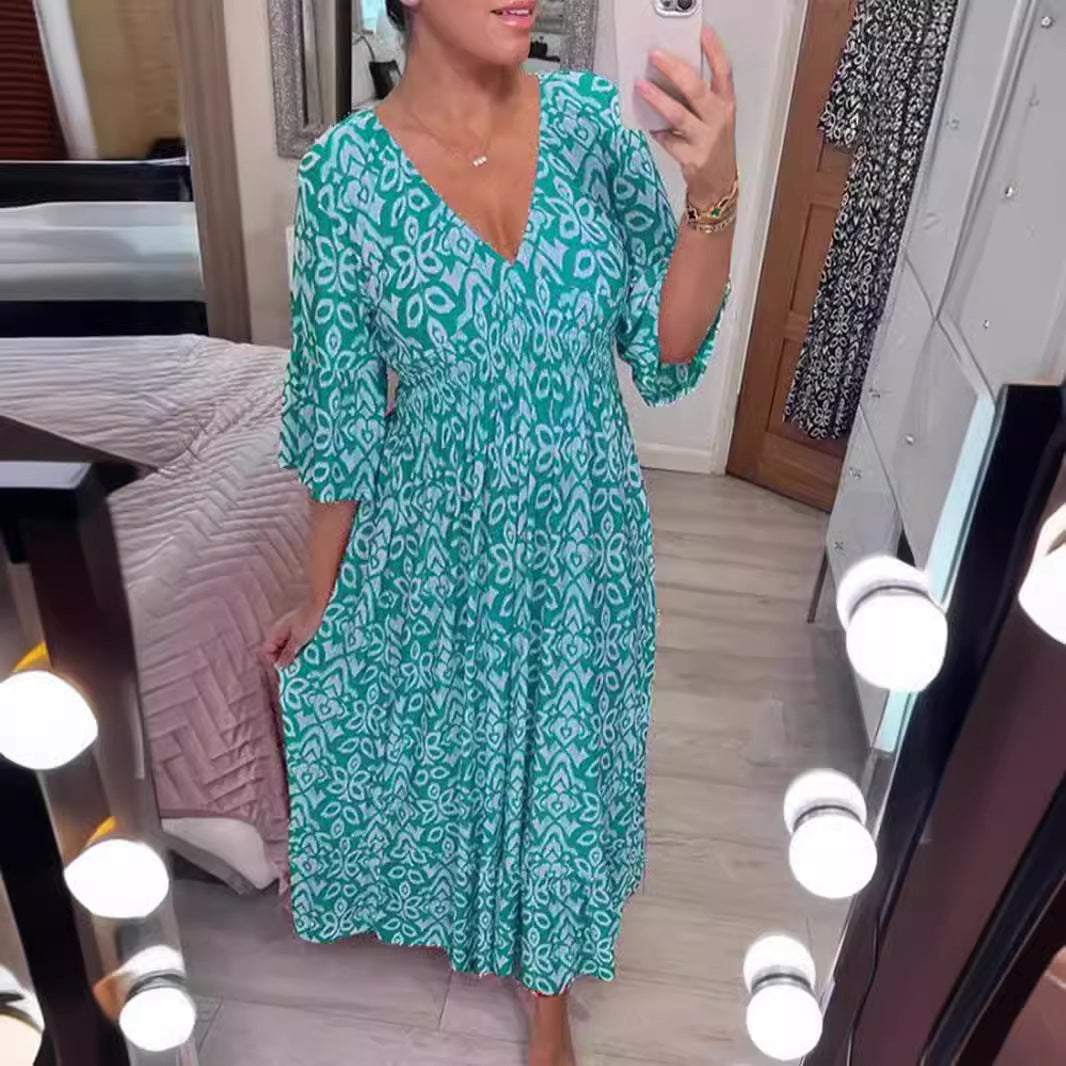 2024 Summer New Amazon Super Fairy V-neck Dress Seaside Vacation Beach Dress Printed Loose Long Dress Women