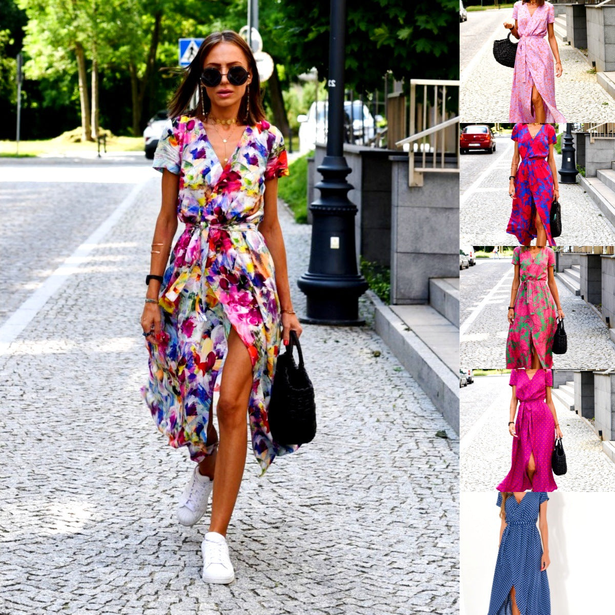 Amazon hot sale new summer European and American printed V-neck short-sleeved lace-up adjustable waist slit long skirt dress