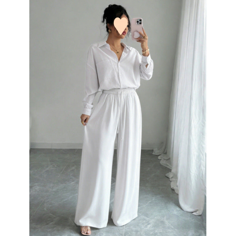 European and American cross-border spring new style elegant fashion women's two-piece set plus size faux linen shirt set high waist loose trousers