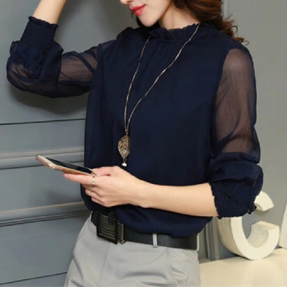 Chiffon shirt women's spring and autumn 2023 new design niche trendy black long-sleeved lace V-neck top women