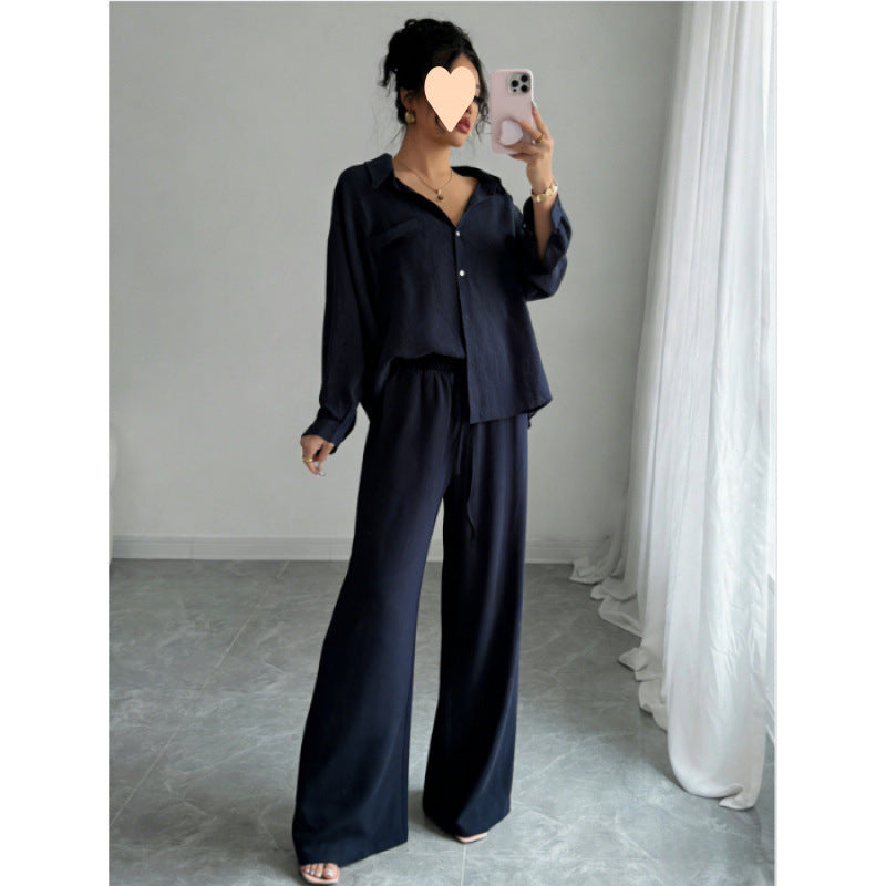 European and American cross-border spring new style elegant fashion women's two-piece set plus size faux linen shirt set high waist loose trousers