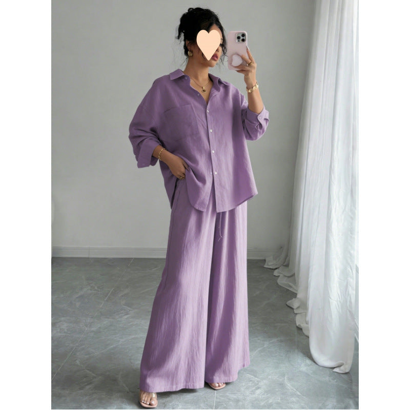 European and American cross-border spring new style elegant fashion women's two-piece set plus size faux linen shirt set high waist loose trousers