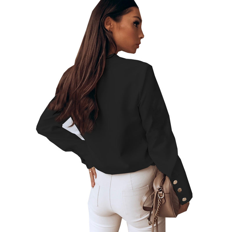 2023 Spring New European and American Women's Clothing Shirt Button Foreign Trade Cross-Border Amazon Solid Color Commute Style round Neck Shirt