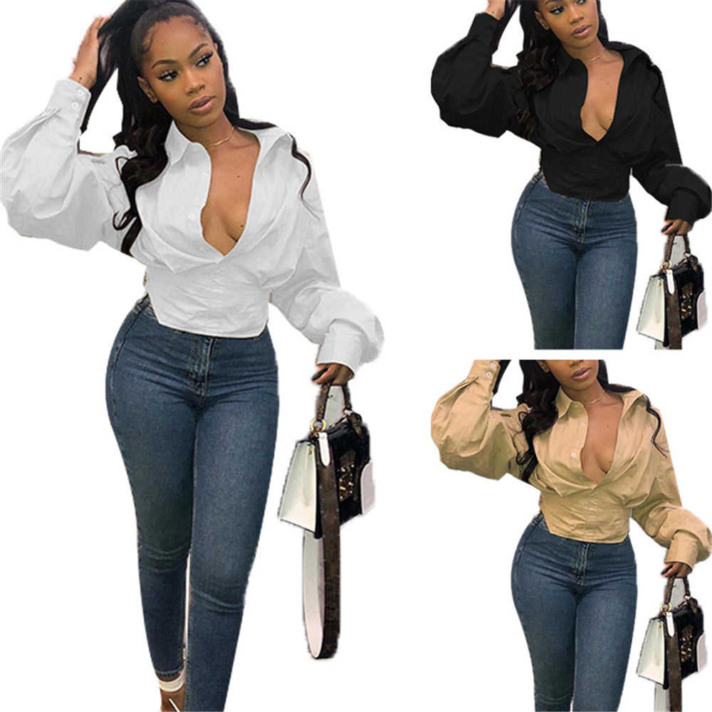 2021 spring and summer new products in Europe and America ebay AliExpress Amazon ladies lapel solid color lantern sleeve loose shirt