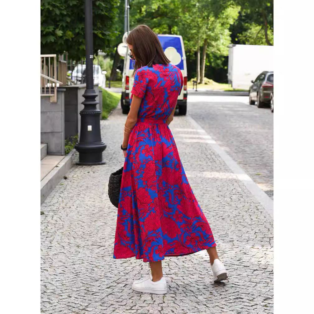 Amazon hot sale new summer European and American printed V-neck short-sleeved lace-up adjustable waist slit long skirt dress