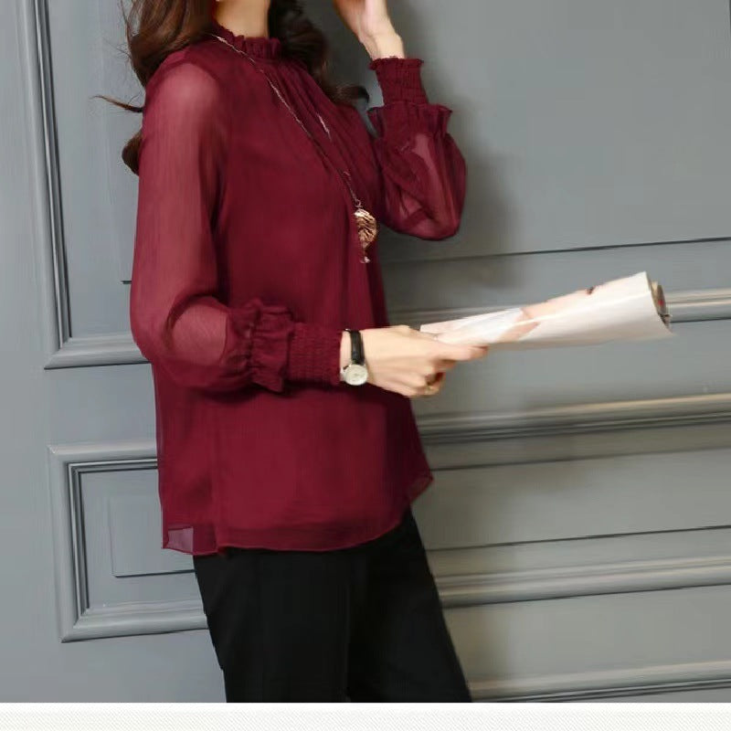 Chiffon shirt women's spring and autumn 2023 new design niche trendy black long-sleeved lace V-neck top women