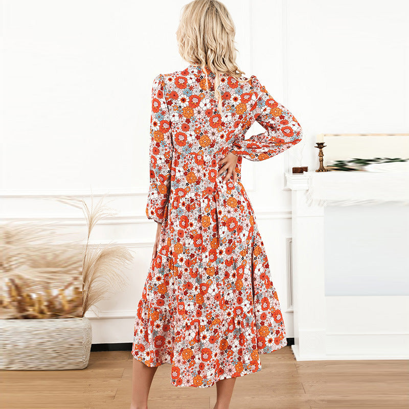 European and American thin bohemian style printed long skirt for women autumn new ruffled dress for women factory direct supply