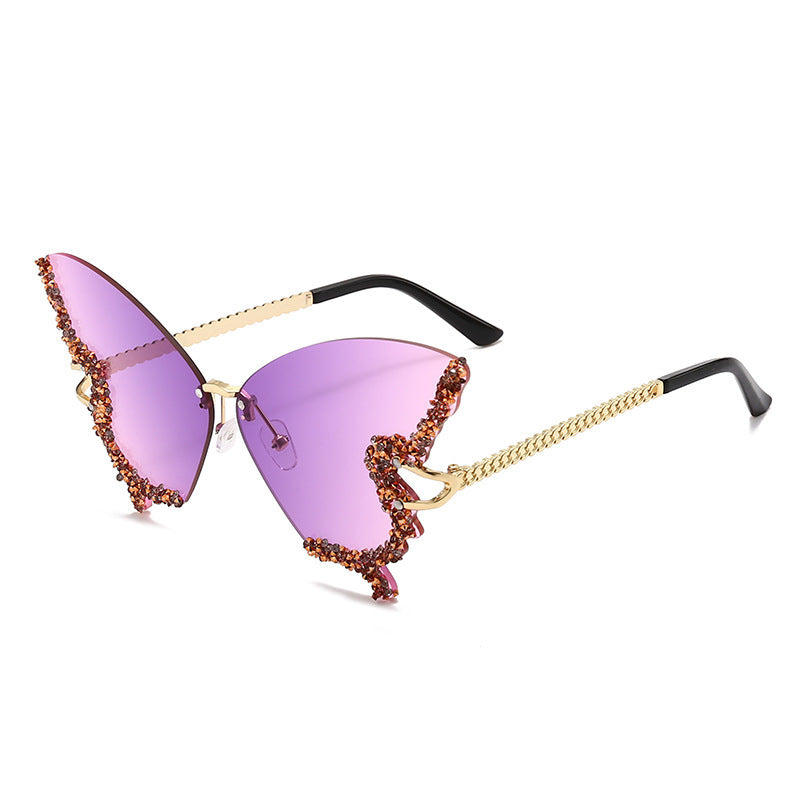Cross-border new butterfly shape diamond frameless sunglasses for women fashion personality exaggerated sunglasses European and American Internet celebrity broken diamonds