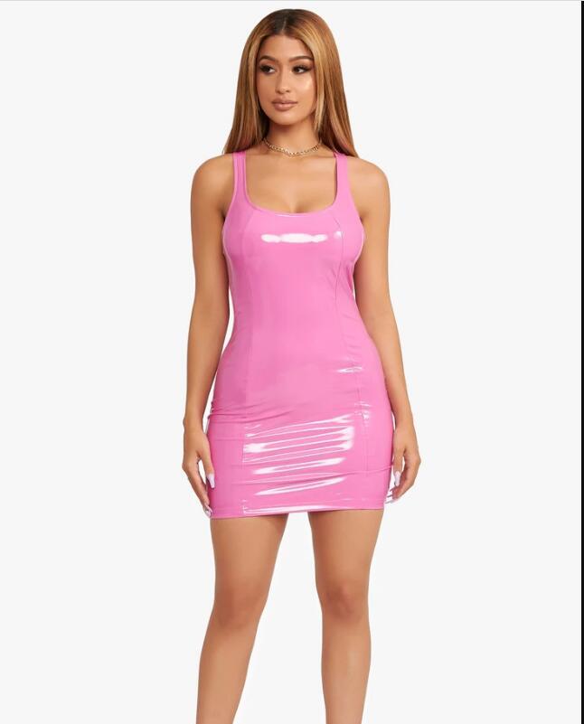 2022 color imitation leather dress zipper PU high elastic round neck one-piece short skirt four-sided elastic leather skirt package hip skirt