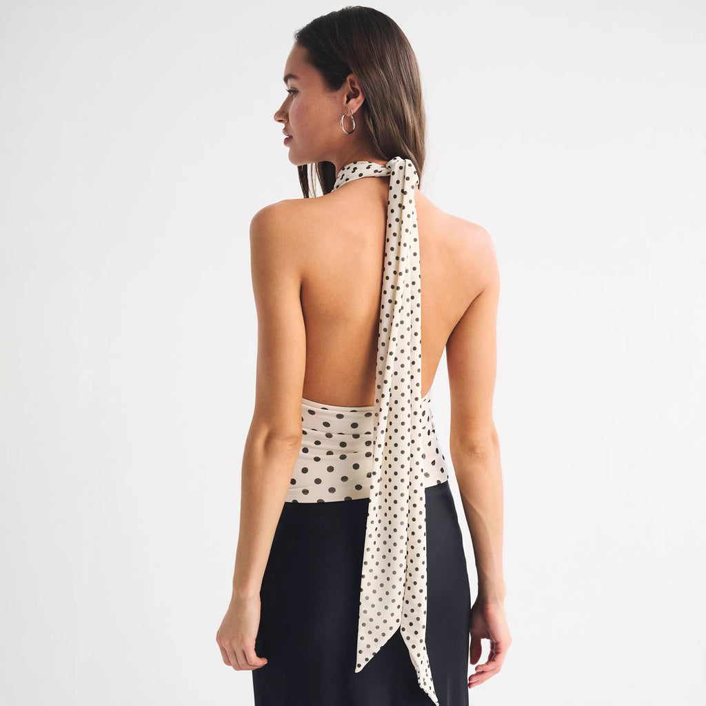 Sexy European and American style retro polka dot halter top, summer color-blocked camisole, mesh base layer.