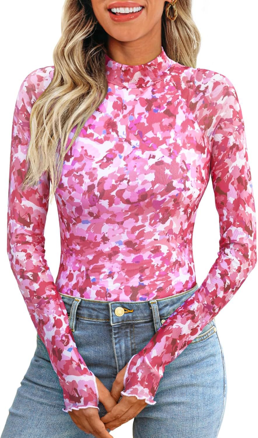 Cross-border e-commerce, Europe and America, Amazon TK2025 best-selling pullover turtleneck long-sleeved lace floral mesh base layer T-shirt for women