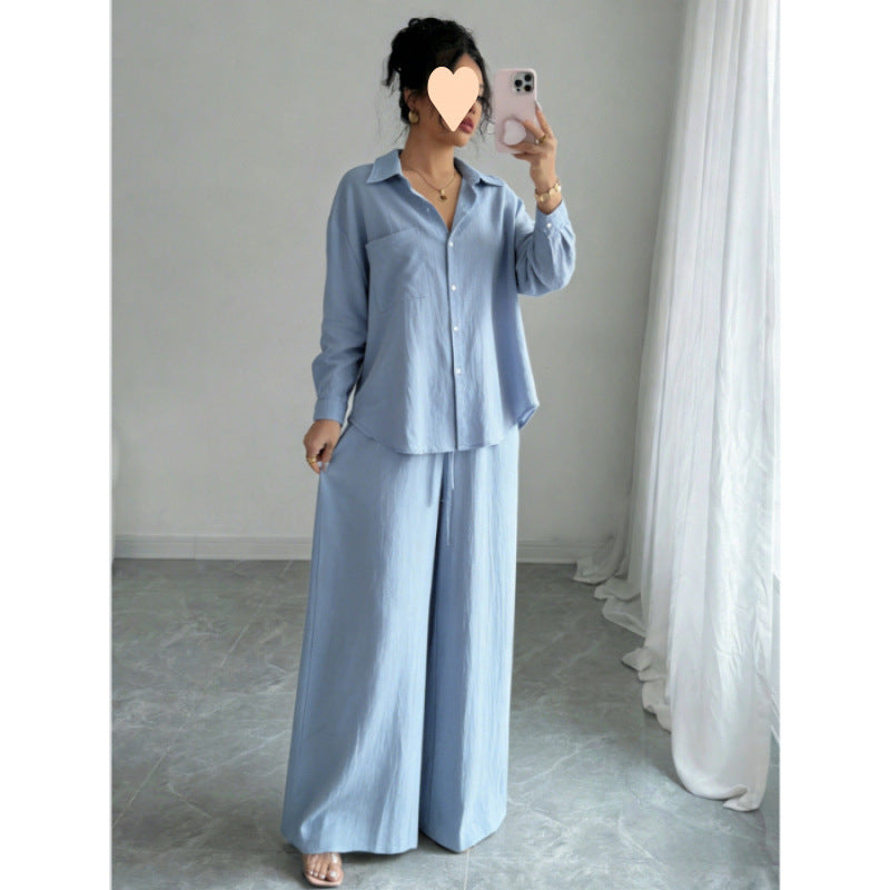 European and American cross-border spring new style elegant fashion women's two-piece set plus size faux linen shirt set high waist loose trousers
