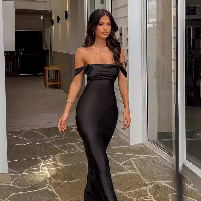 2023 Spring and Summer European and American New Ins One Shoulder Tube Top Satin Hip-Hip Backless Women's Dress Long Dress Evening Dress