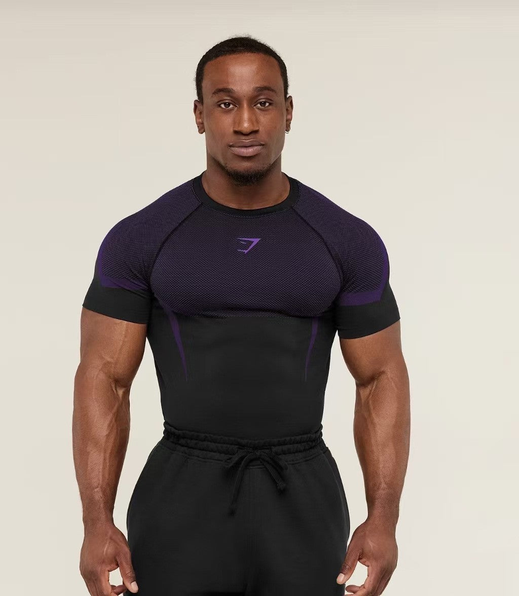 GYMSHARK Men's Fitness Top, Casual Running, Quick-Drying, Breathable, Tight-Fitting Short-Sleeve T-Shirt, Men's Muscle Shark