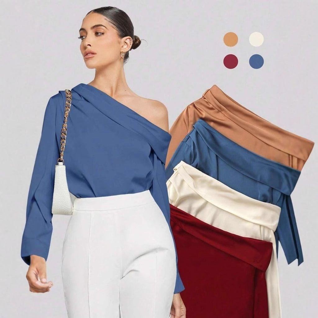 Foreign trade cross-border pleated satin shirt top spring and summer European and American Amazon off-shoulder asymmetrical long-sleeved shirt women's clothing