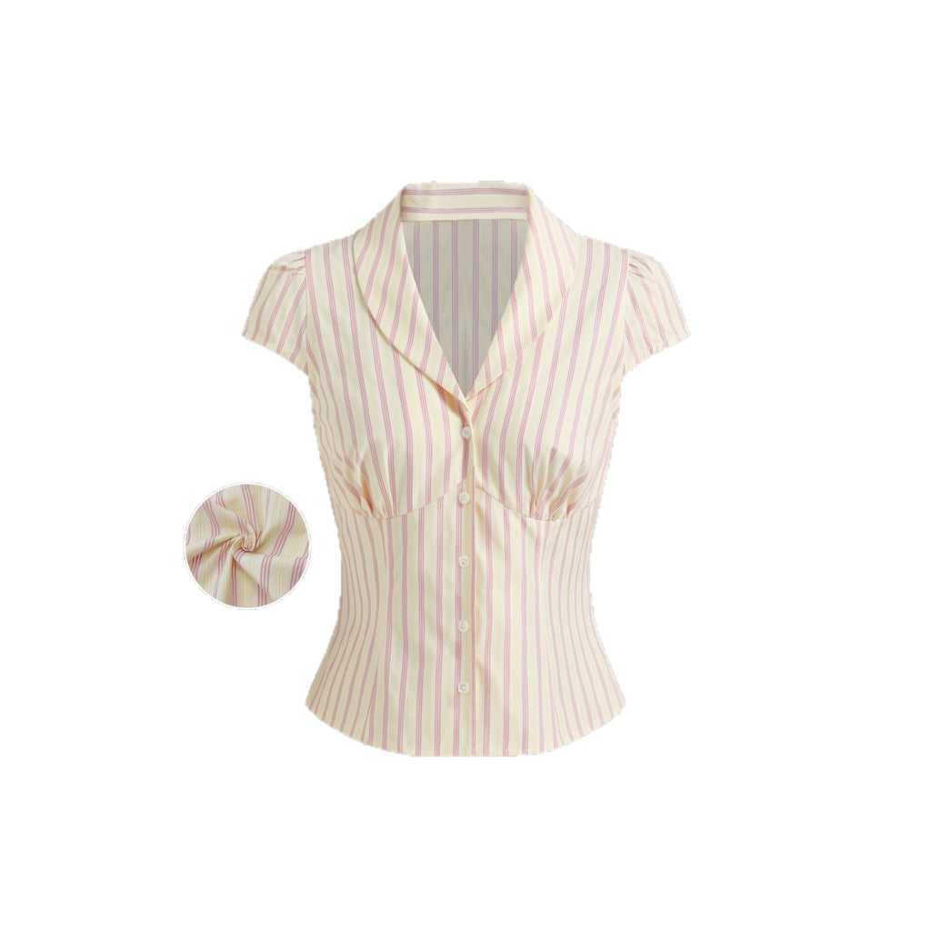 New cross-border European and American style Amazon casual ruched fashion top French women's striped button short-sleeved shirt
