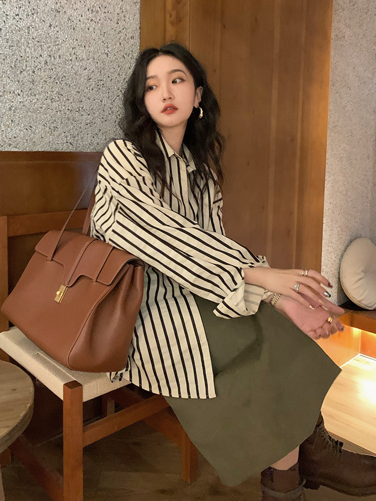 Lazy French style Hong Kong style temperament long-sleeved tops for women, design niche striped shirts, all-match early autumn