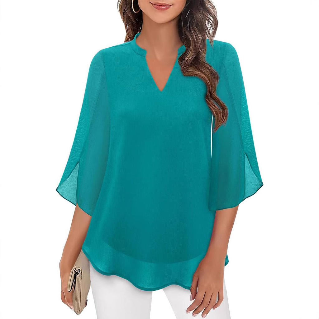 2025 Cross-Border Amazon Casual Summer New European and American Style Women's Petal Sleeve Top Loose V-Neck Chiffon Shirt